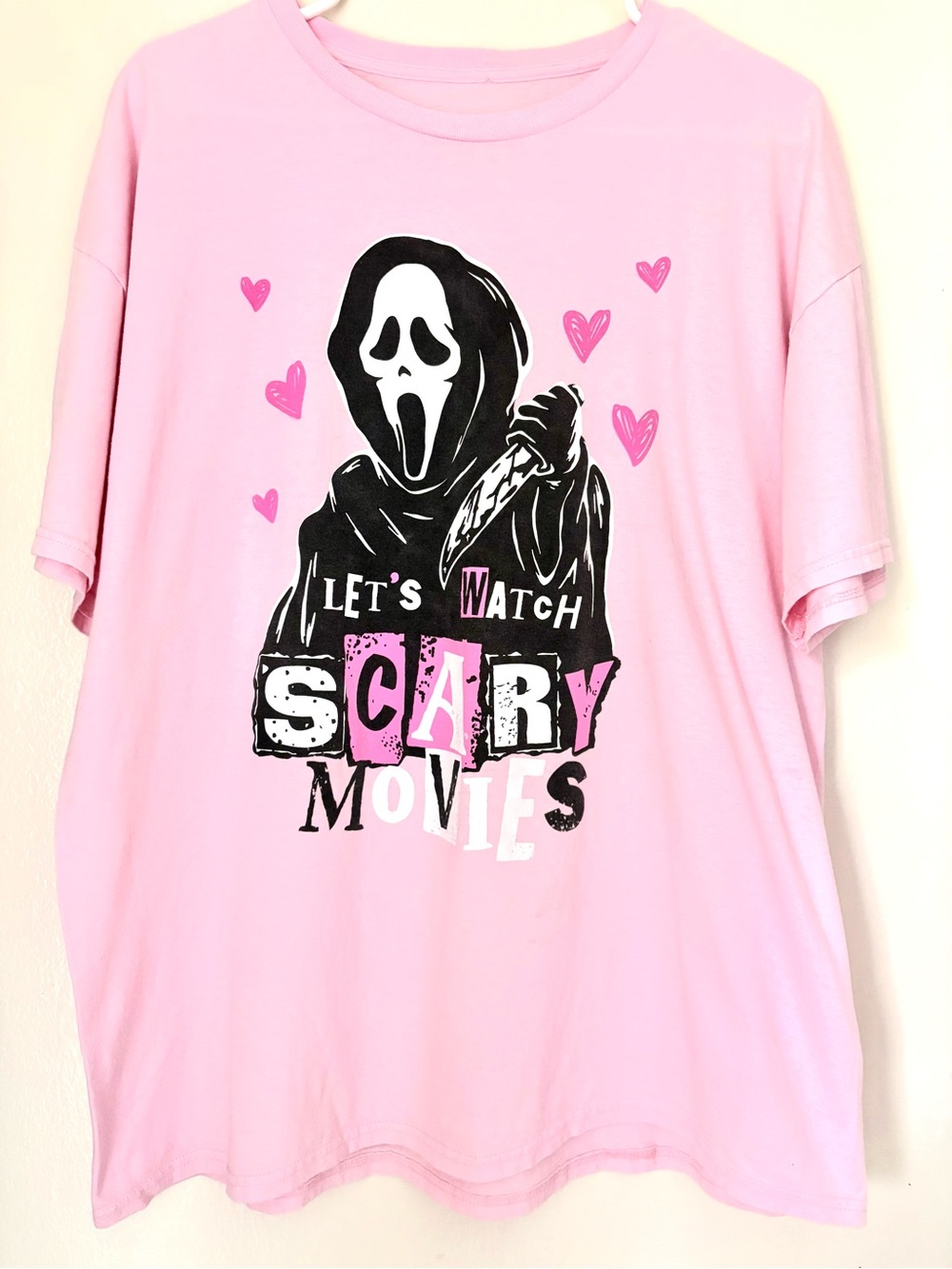 Ghost Face Let’s Watch Scary Movies Pink Graphic Tee Shirt XL Slasher Horror